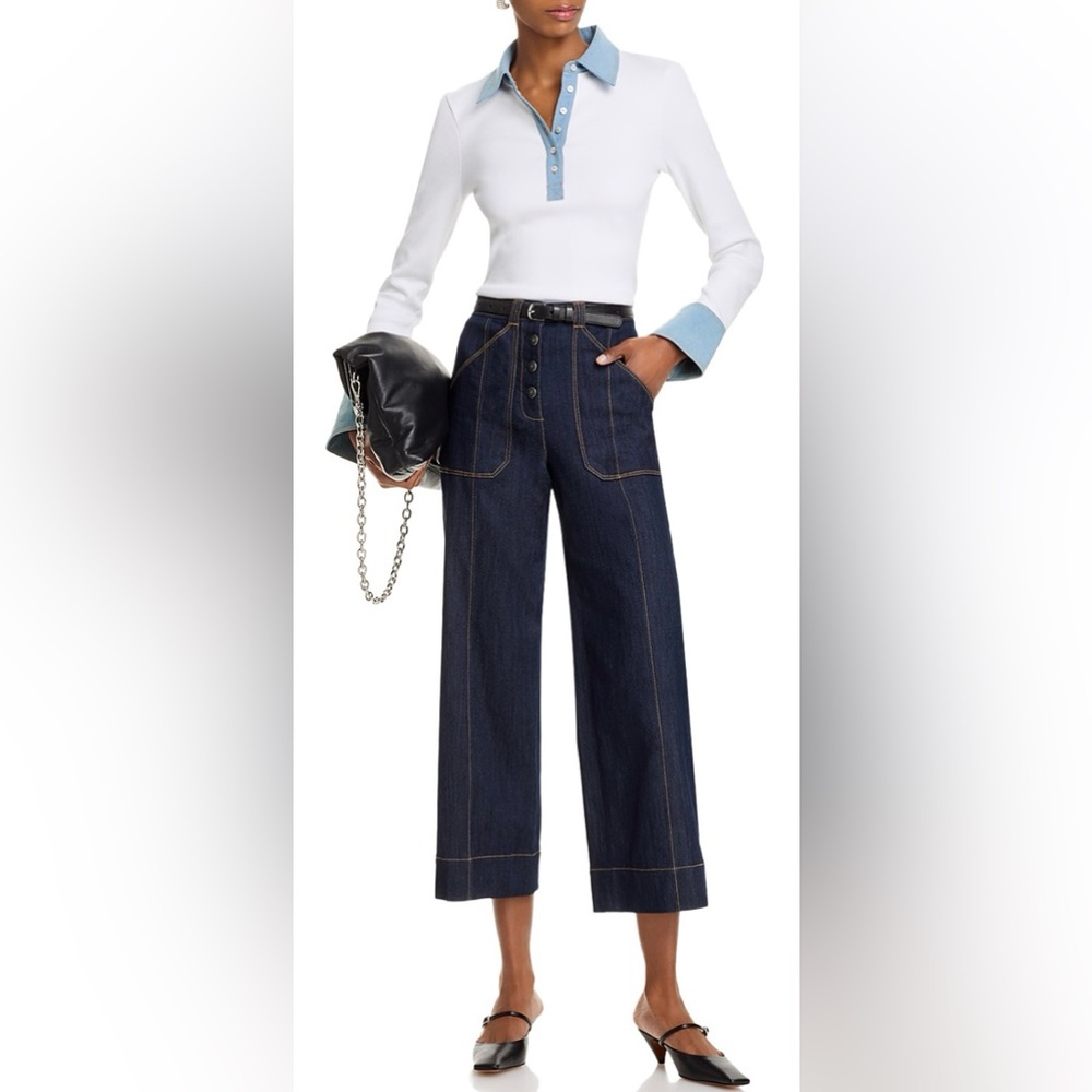 Cinq a Sept Jaden Denim Trim Top in White/Light Wash - Picture 2 of 5